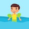 Little boy swimming with inflatable sleeves flat vector illustration.