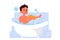 Little boy taking a bath. Young male character washing himself