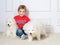 Little boy three years old playing with white puppies