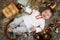 Little boy in a traditional russian shirt surrounded by russian antiques