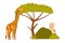 Little Boy Traveler Visiting Tropical National Park Sitting in Bush Watching Giraffe Vector Illustration