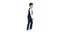 Little boy in a waistcoat and a bow tie walking looking straight ahead on white background.