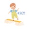 Little Boy Walking Across Cardboard Box Along Plank as Preposition Demonstration Vector Illustration