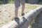 Little boy walking on a log in the park. child on the balance beam