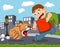 The little boy was chased by a fierce dog with city background cartoon