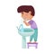 Little Boy Washing His Face Standing on Stool in Front of Sink Vector Illustration