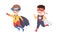 Little Boy Wearing Costume of Superhero Pretending Having Power for Fighting Crime Vector Set