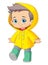 The little boy is wearing the raincoat in the rainy season