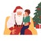 Little boy whispering in Santa Claus ear, sitting on knees