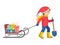 Little boy in winter clothes pulling a sled, cartoon style vector illustration isolated