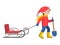 Little boy in winter clothes pulling a sled, cartoon style vector illustration on white background.