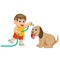 A little boy with the yellow cloth will clean his big brown dog with the pipe