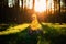 Little boy in a yellow jacket sits on a stump in the forest. Nature care concept.  . Action against deforestation. Take care of th