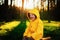 Little boy in a yellow jacket sits on a stump in the forest. Nature care concept.  . Action against deforestation. Take care of th