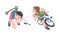 Little boys falling down from kick scooter and bicycle cartoon vector illustration