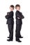 Little boys twins in business suits posing isolated on white