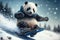 A little brave panda is riding a snowboard. Illustration generative ai