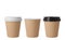 Little brown paper coffee cups with black and white lids. Open and closed small paper cup. Realistic vector mockup.