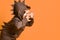 Little brunet boy in brown dino hoodie with hood. He growling and scaring you by his hands, posing sideways on orange background