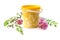 Little bucket of solid honey with honey flowers of pink acacia isolated on white