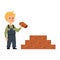 Little builder boy in construction worker uniform holding a brick