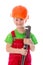 Little builder in helmet with wrench