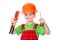 Little builder in helmet with wrench and screwdriver