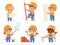 Little builders. Kids construction childrens making some work in yellow helmet vector builders characters