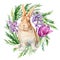 Little bunnies, isolated background, watercolor illustration, cute animal, easter bunny. Rabbit and flowers painting