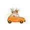 Little bunny driving vintage car with Easter eggs basket, funny rabbit character, Happy Easter concept cartoon vector