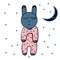 The little bunny goes to bed, the baby bunny goes to bed,the baby bunny sleeps, in a polka-dot jumpsuit,with the moon, which smile