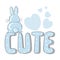 Little bunny. Hand drawn portrait rabbit with text Cute, blue hearts