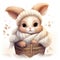 A little bunny in a hat and scarf sitting in a basket. Pets, winter clipart.