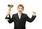 Little businessman with golden cup happy gesturing