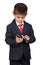 Little businessman sending a message