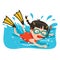 Little Cartoon Character Diving In The Ocean