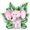 Little cartoon elephant with tropical palm leaves.