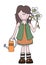 Little cartoon girl gardener holding flowers