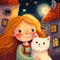 Little cartoon girl and white cat in the city at night. Close-up pastel drawing for children\\\'s fairy tale book.