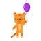 A little cartoon tiger stands with a purple balloon.