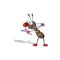 A little cartoony brown ant armed with a slingshot aims and prepares to shoot. Isolated on a white background with a shadow