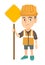 Little caucasian builder boy holding road sign.