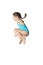 Little caucasian female 7 years old girl in cyan swimming costume jumping on white background.