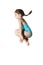 Little caucasian female 7 years old girl in cyan swimming costume jumping on white background.