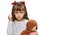Little caucasian girl kid hugging teddy bear stuffed animal annoyed and frustrated shouting with anger, yelling crazy with anger