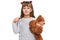 Little caucasian girl kid hugging teddy bear stuffed animal pointing finger to one self smiling happy and proud