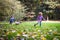 Little caucasian kids running around the autumn park with the dogs.