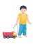 Little cheerful boy standing hold leash truck toy, children kid play lorry plaything cartoon vector illustration
