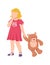 Little cheerful girl standing hold teddy bear toy, children kid play soft plaything cartoon vector illustration