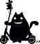 A little cheerful mouse rides an electric scooter with a big pink cat. They are smiling. They\\\'re happy. Cartoon. Silhouette.